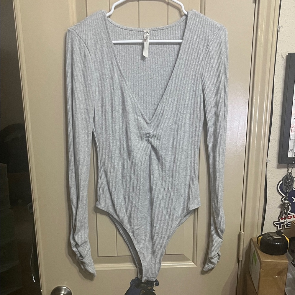 Free People Light Gray V-Neck Ribbed Bodysuit